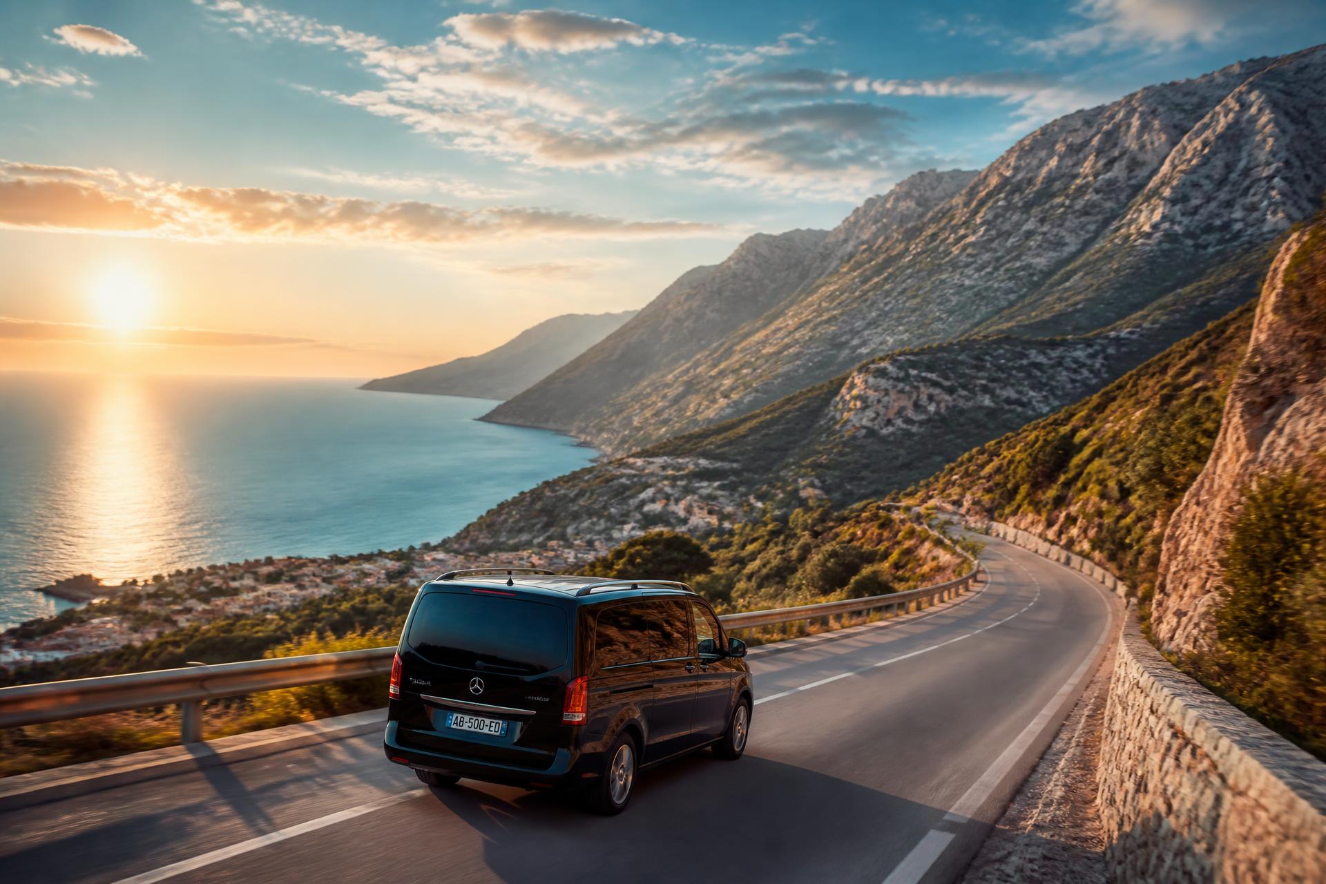 Coastal road along the Albanian Riviera at sunset